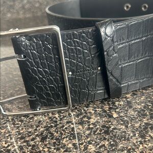 All Saints Black Croc Embossed Belt with Silver Buckle